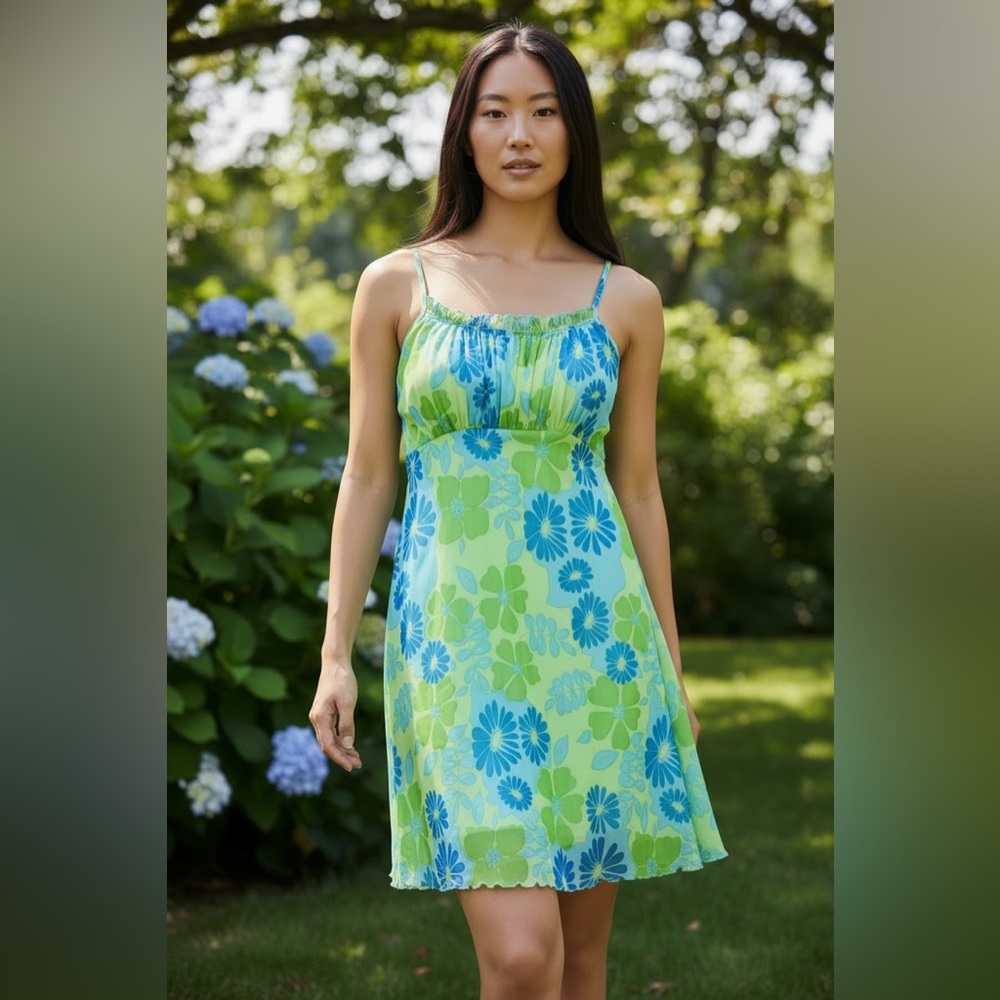 Vintage Xhilaration Green Blue Floral Slip Dress Babydoll Y2K Dress Mesh Fairy